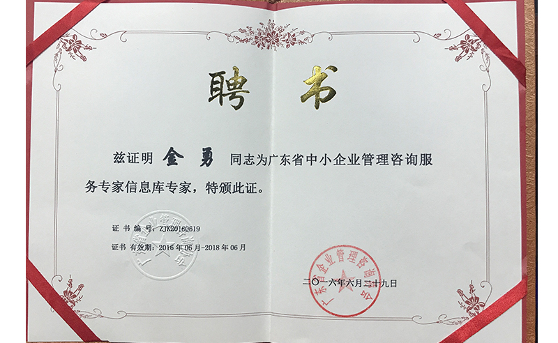 热烈祝贺大红鹰dhy金勇老师荣获广东省中小企业管理咨询服务专家